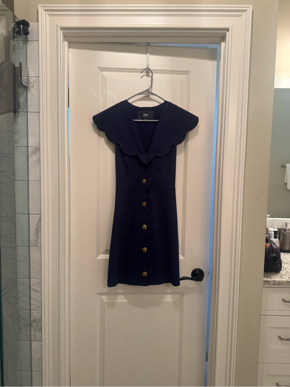 Maeve Navy Scallop-Collar Mini Dress with Gold Buttons